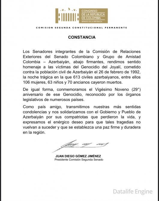 Kolumbiya Senatı Xocalı soyqırımının 29-cu ildönümü ilə əlaqədar bəyanat qəbul edib 