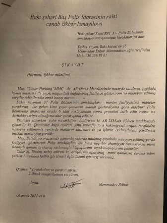 Xətai rayon polis rəisi "parkovşik"lərə ortaqlıq təklif edir - Nazirə ŞİKAYƏT