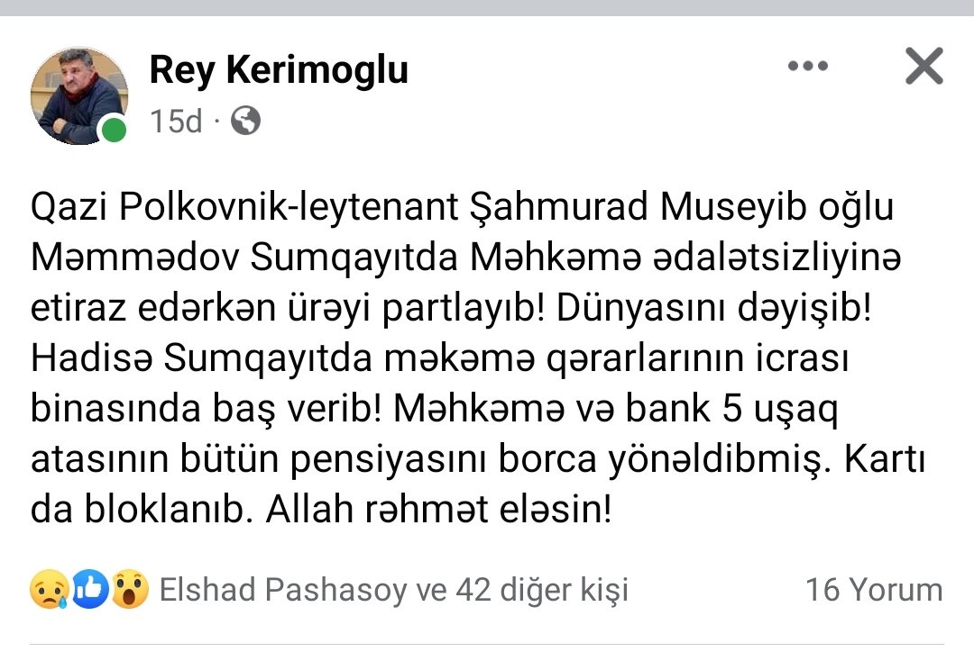 Polkovnik-leytenantın məhkəmədə ürəyi partlayıb öldü Polkovnik-leytenantın məhkəmədə ürəyi partlayıb öldü